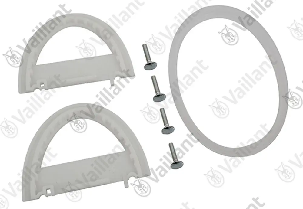 Reparaturset von Vaillant bestehend aus zwei weißen Halterungen, einem runden Dichtungsring und mehreren Schrauben, geeignet für bestimmte Deckelmodelle.